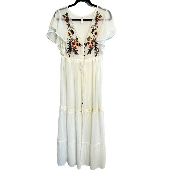 NWOT Bohemian Medium Embroidered Sheer White Maxi Dainty Beach Dress Flowy & Fun - Picture 1 of 12